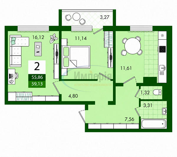 2-к квартира, 55 кв.м., Ленинский, имени Виктора Аржаного улица, 4